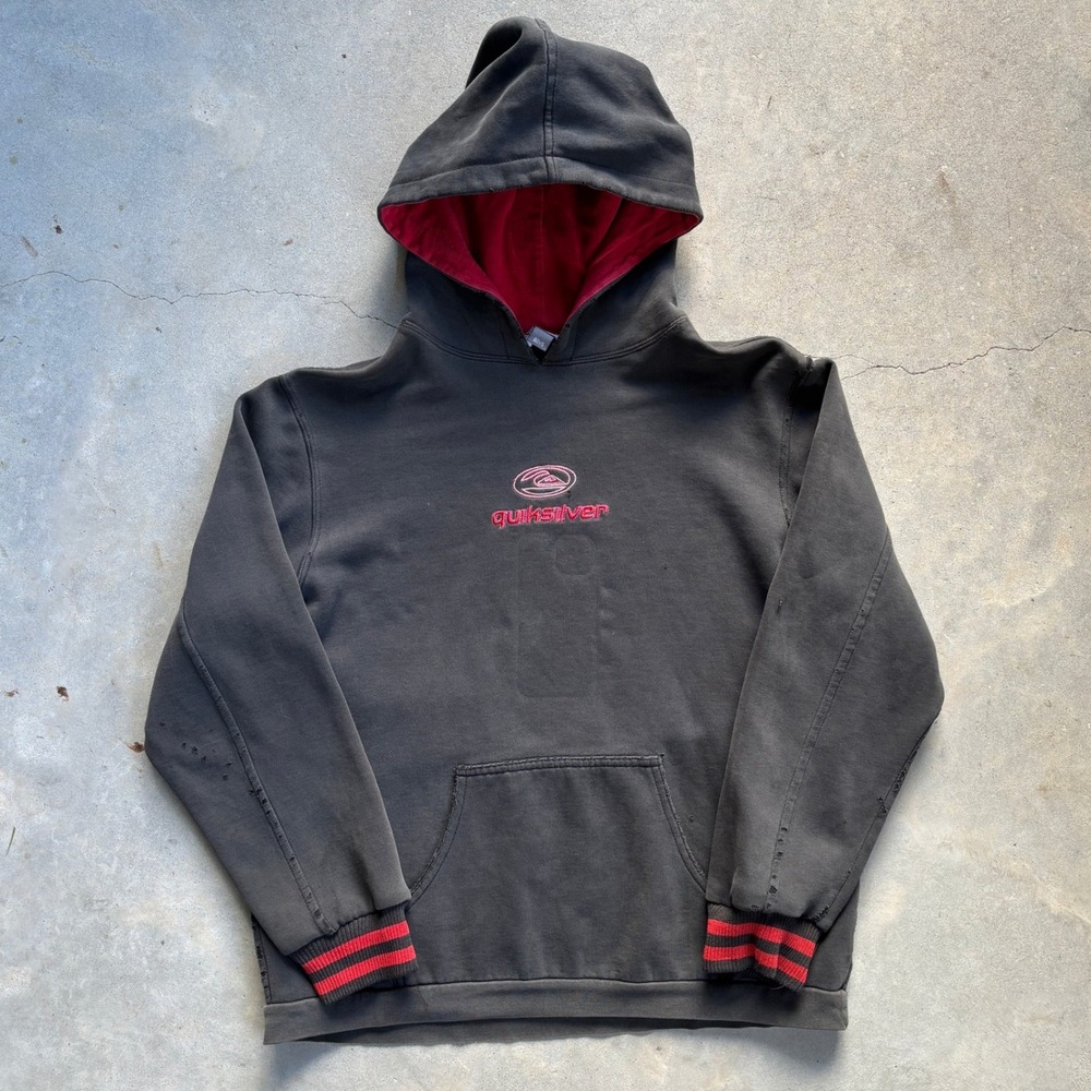 Vintage Quiksilver Faded Distressed Hoodie Black Red Embroidered Logo Distressed